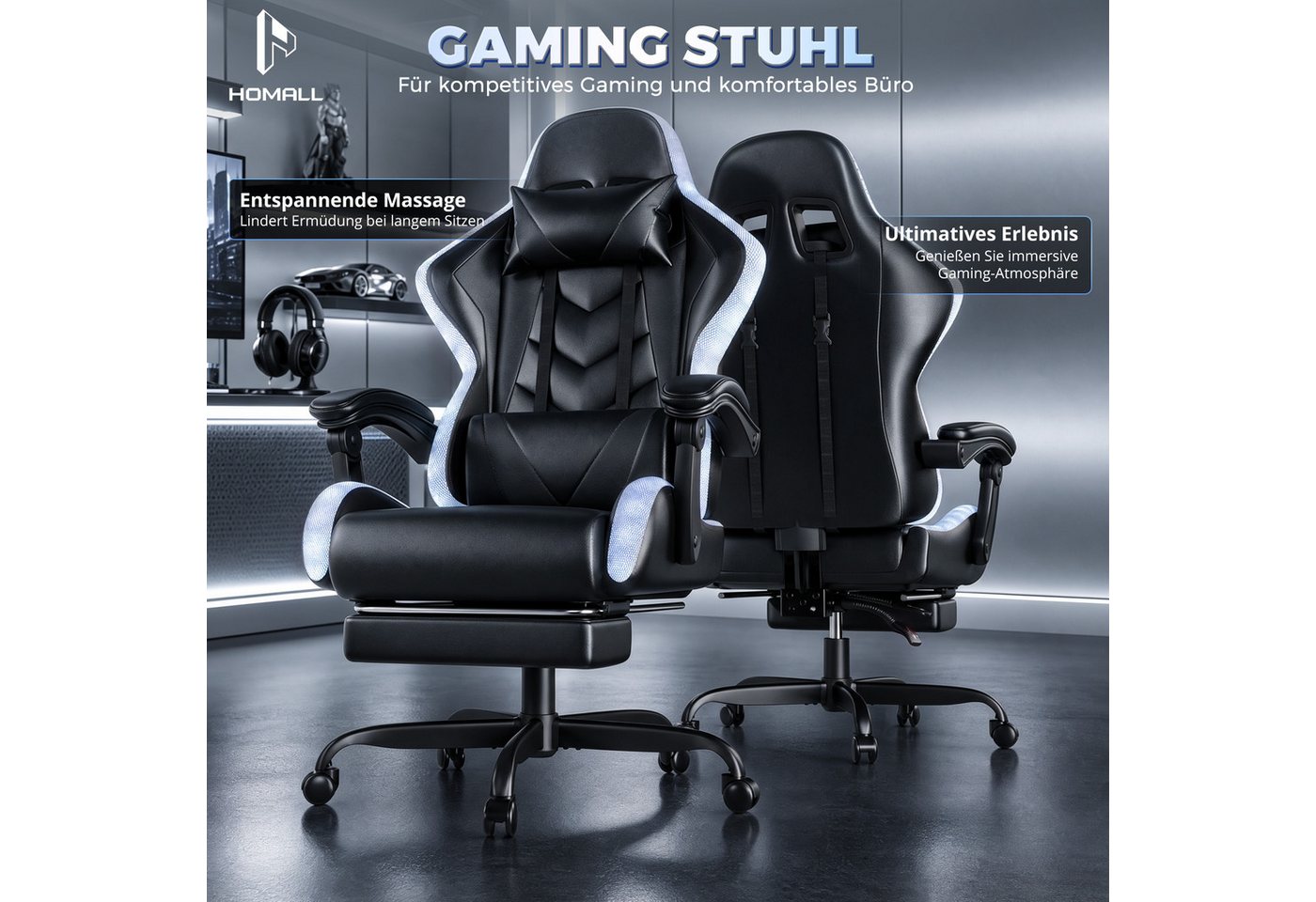 HOMALL Gaming-Stuhl mit LED,Ergonomisch,Fußstütze,computerstuhl,gaming stuhl mit massage (Die LED-Beleuchtung ist einstellbar, das Massagekissen für den Rücken  – Bild 2 von 5