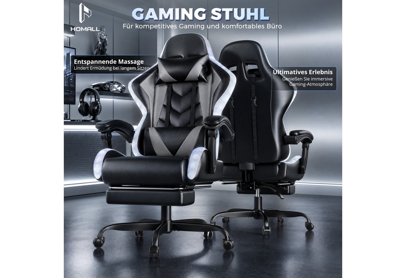 HOMALL Gaming-Stuhl mit LED,Ergonomisch,Fußstütze,computerstuhl,gaming stuhl mit massage (Die LED-Beleuchtung ist einstellbar, das Massagekissen für den Rücken  – Bild 2 von 5