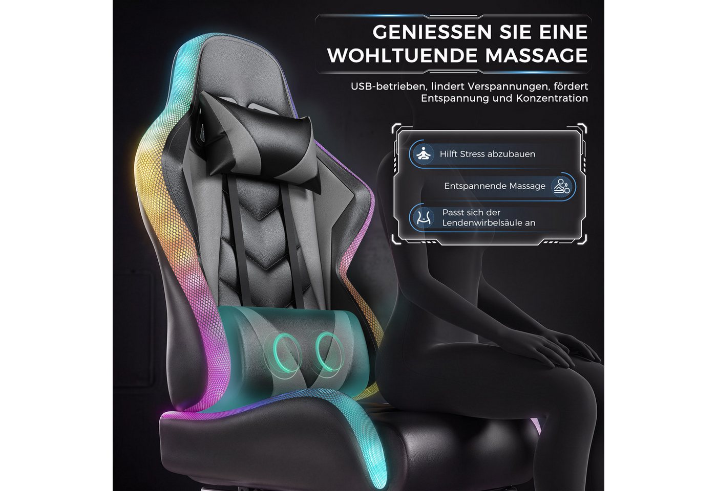 HOMALL Gaming-Stuhl mit LED,Ergonomisch,Fußstütze,computerstuhl,gaming stuhl mit massage (Die LED-Beleuchtung ist einstellbar, das Massagekissen für den Rücken  – Bild 4 von 5