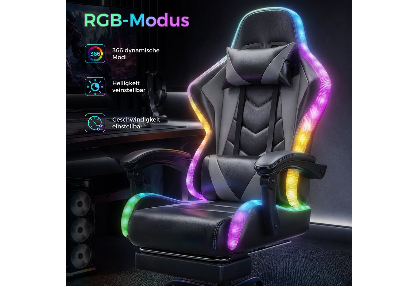HOMALL Gaming-Stuhl mit LED,Ergonomisch,Fußstütze,computerstuhl,gaming stuhl mit massage (Die LED-Beleuchtung ist einstellbar, das Massagekissen für den Rücken  – Bild 5 von 5