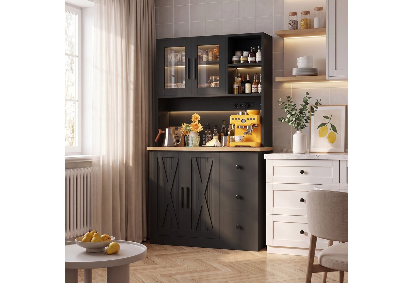 HOMALL Highboard Küchenbuffet Sideboards,Geschirr Insel Schrank (mit LED-Beleuchtung,Steckdose,staubgeschützter Glastür) – Bild 2 von 5