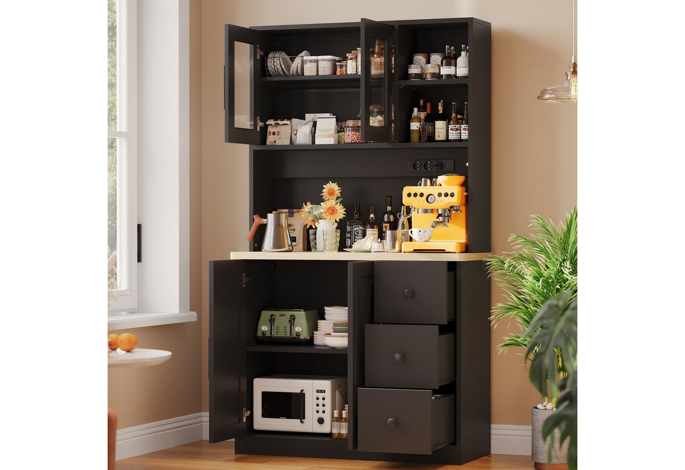 HOMALL Highboard Küchenbuffet Sideboards,Geschirr Insel Schrank (mit LED-Beleuchtung,Steckdose,staubgeschützter Glastür) – Bild 3 von 5