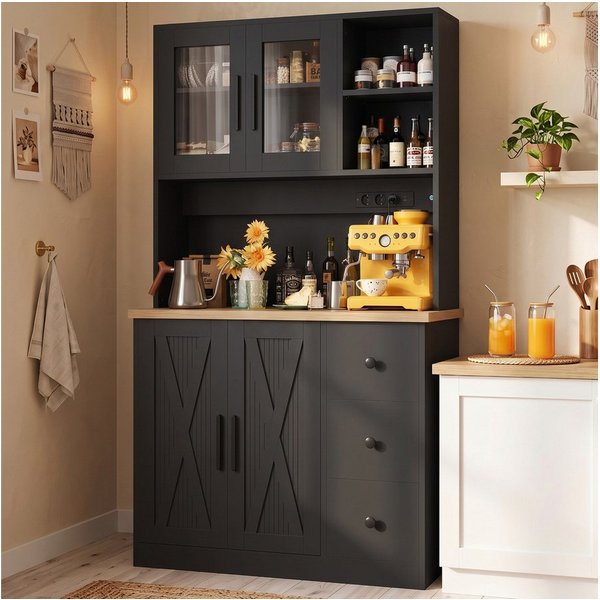 HOMALL Küchenbuffet Hohe Schränke, Küchenzeilen, Sideboards, mit LED-Beleuchtung (Maße: 80/100 × 40 × 182 cm, mit 3 Schubladen + 3 Schranktüren + 1 offenem Stau