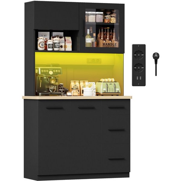 HOMALL Küchenbuffet Hohe Schränke, Küchenzeilen, Sideboards, mit LED-Beleuchtung (Maße: 80/100 × 40 × 182 cm, mit 3 Schubladen + 3 Schranktüren + 1 offenem Stau