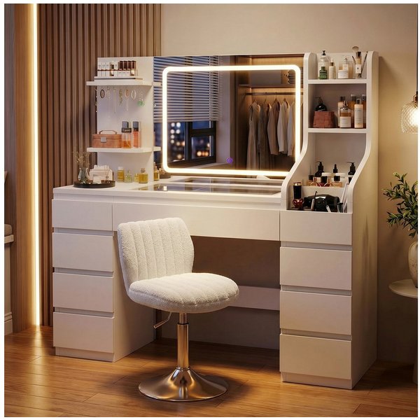 HOMALL Schminktisch Dreifarbiger, LED-beleuchteter Schminktisch Extra großer Stauraum (Maße: 135 × 40 × 137 cm, Arbeitsplatte aus gehärtetem Glas, mit 7 offenen