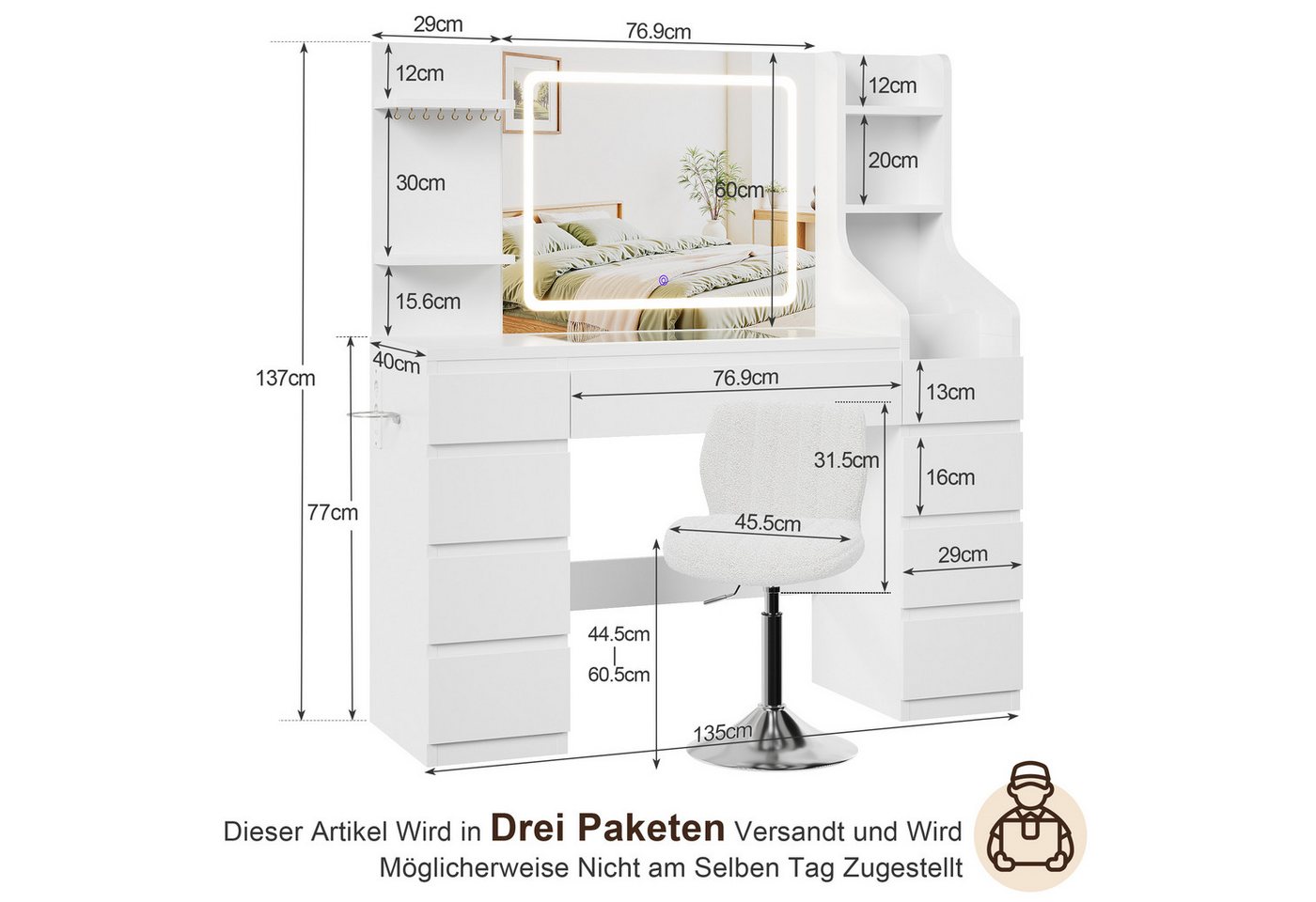 HOMALL Schminktisch Dreifarbiger, LED-beleuchteter Schminktisch Extra großer Stauraum (Maße: 135 × 40 × 137 cm, Arbeitsplatte aus gehärtetem Glas, mit 7 offenen – Bild 2 von 5