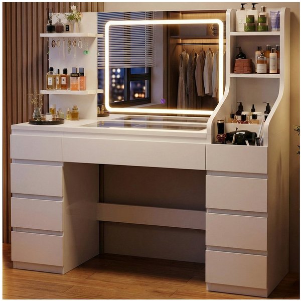 HOMALL Schminktisch Dreifarbiger, LED-beleuchteter Schminktisch Extra großer Stauraum (Maße: 135 × 40 × 137 cm, Arbeitsplatte aus gehärtetem Glas, mit 7 offenen