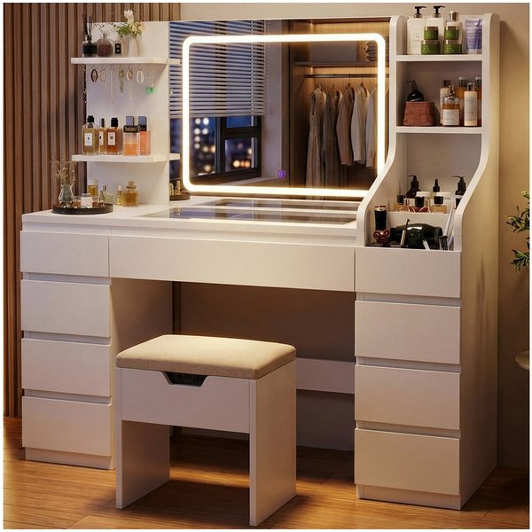 HOMALL Schminktisch Dreifarbiger, LED-beleuchteter Schminktisch Extra großer Stauraum (Maße: 135 × 40 × 137 cm, Arbeitsplatte aus gehärtetem Glas, mit 7 offenen