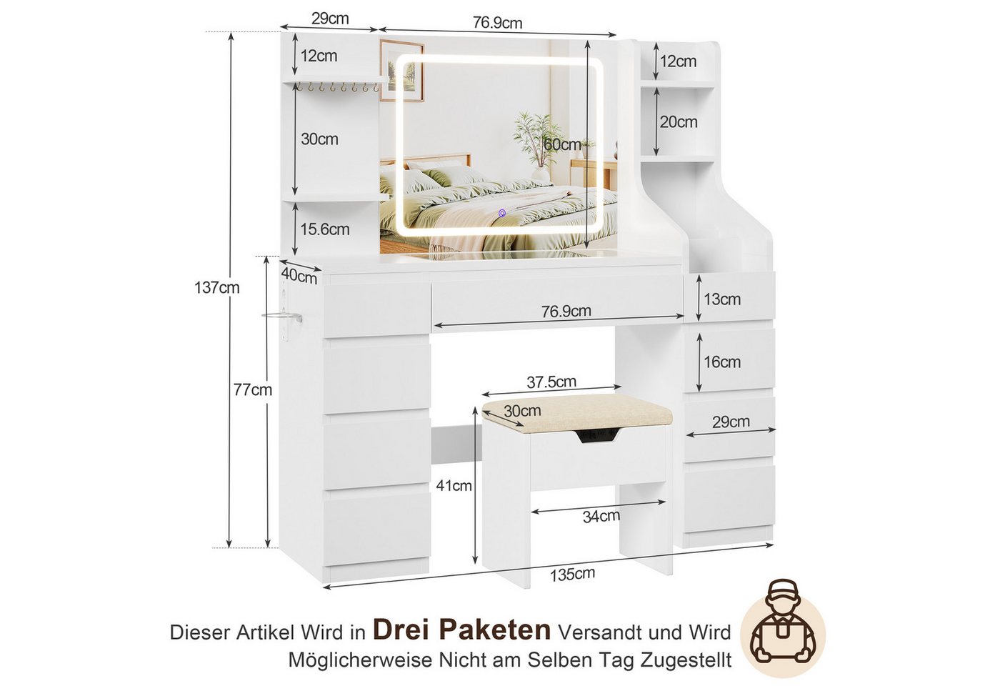 HOMALL Schminktisch Dreifarbiger, LED-beleuchteter Schminktisch Extra großer Stauraum (Maße: 135 × 40 × 137 cm, Arbeitsplatte aus gehärtetem Glas, mit 7 offenen – Bild 2 von 5