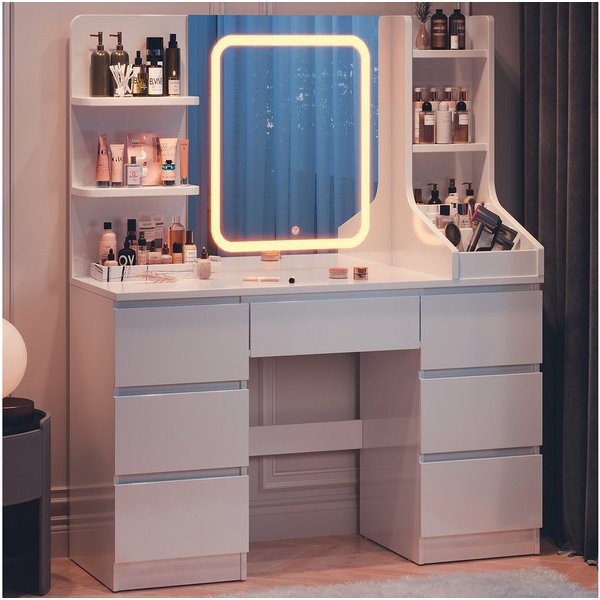 HOMALL Schminktisch Eingebaute LED-Beleuchtung, einstellbare Helligkeit, mit 7 Schubladen (Maße: 110 × 40 × 139 cm, mit verstellbarer LED-Spiegelbeleuchtung, dr