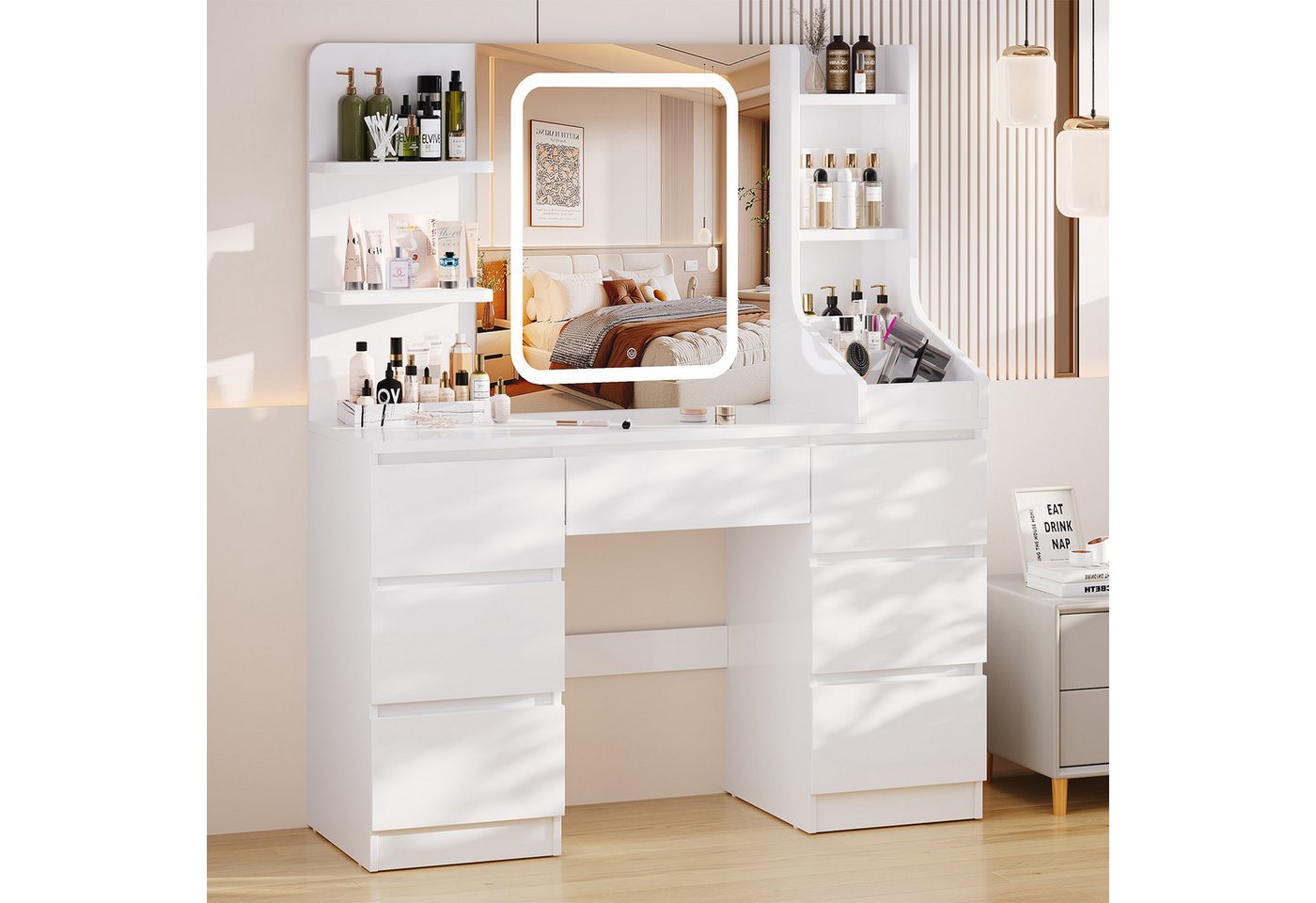 HOMALL Schminktisch Eingebaute LED-Beleuchtung, einstellbare Helligkeit, mit 7 Schubladen (Maße: 110 × 40 × 139 cm, mit verstellbarer LED-Spiegelbeleuchtung, dr – Bild 2 von 5