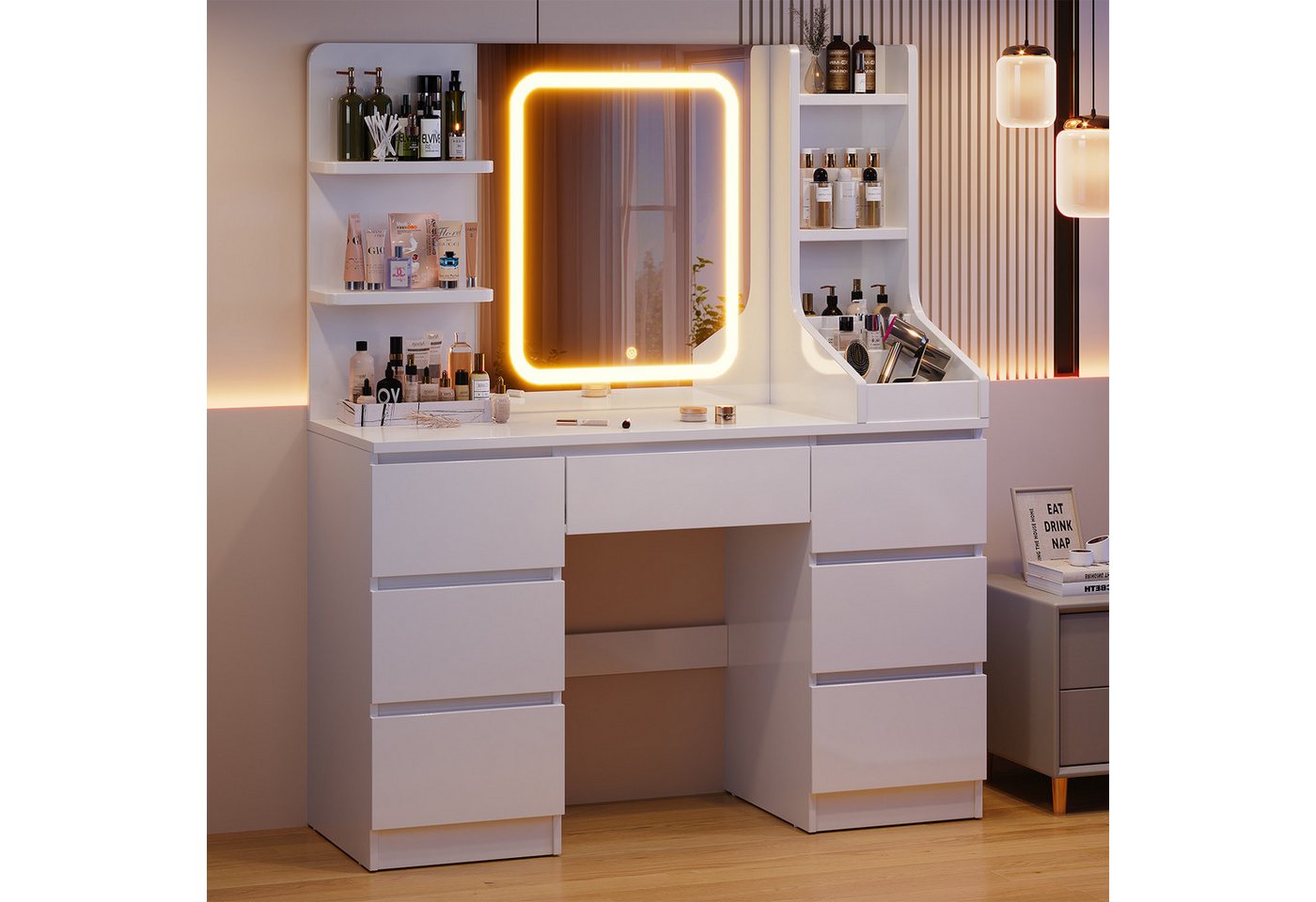 HOMALL Schminktisch Eingebaute LED-Beleuchtung, einstellbare Helligkeit, mit 7 Schubladen (Maße: 110 × 40 × 139 cm, mit verstellbarer LED-Spiegelbeleuchtung, dr – Bild 3 von 5
