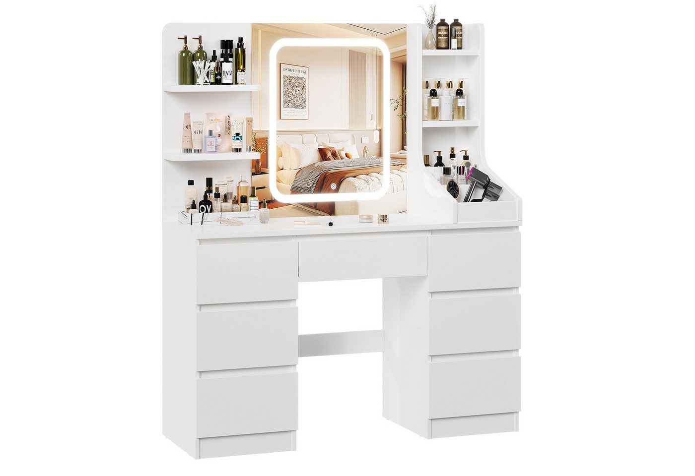 HOMALL Schminktisch Eingebaute LED-Beleuchtung, einstellbare Helligkeit, mit 7 Schubladen (Maße: 110 × 40 × 139 cm, mit verstellbarer LED-Spiegelbeleuchtung, dr – Bild 4 von 5