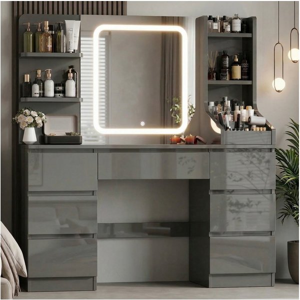 HOMALL Schminktisch Eingebaute LED-Beleuchtung, einstellbare Helligkeit, mit 7 Schubladen (Maße: 110 × 40 × 139 cm, mit verstellbarer LED-Spiegelbeleuchtung, dr