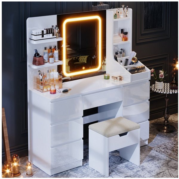HOMALL Schminktisch Eingebaute LED-Beleuchtung, einstellbare Helligkeit, mit 7 Schubladen (Maße: 110 × 40 × 139 cm, mit verstellbarer LED-Spiegelbeleuchtung, dr