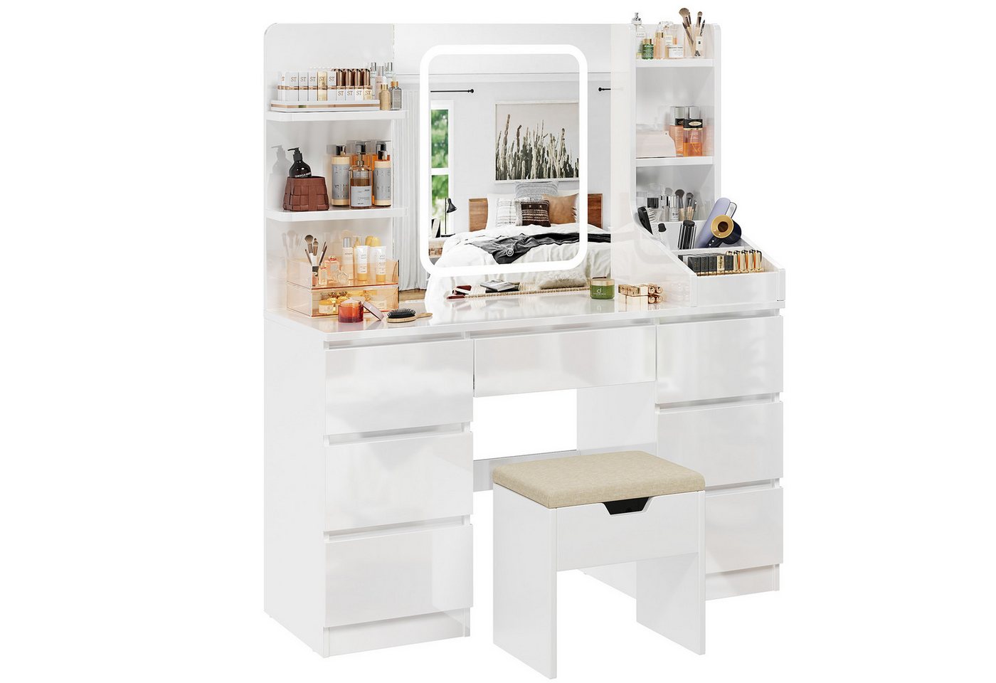 HOMALL Schminktisch Eingebaute LED-Beleuchtung, einstellbare Helligkeit, mit 7 Schubladen (Maße: 110 × 40 × 139 cm, mit verstellbarer LED-Spiegelbeleuchtung, dr – Bild 2 von 5