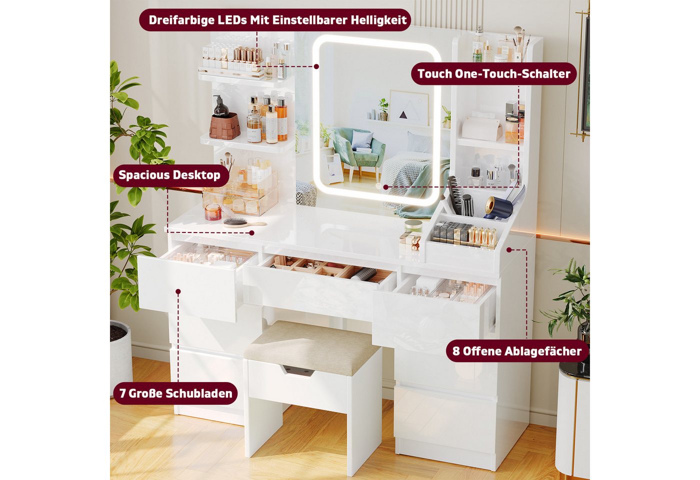 HOMALL Schminktisch Eingebaute LED-Beleuchtung, einstellbare Helligkeit, mit 7 Schubladen (Maße: 110 × 40 × 139 cm, mit verstellbarer LED-Spiegelbeleuchtung, dr – Bild 4 von 5