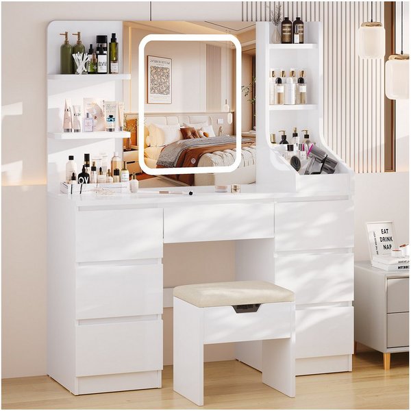 HOMALL Schminktisch Eingebaute LED-Beleuchtung, einstellbare Helligkeit, mit 7 Schubladen (Maße: 110 × 40 × 139 cm, mit verstellbarer LED-Spiegelbeleuchtung, dr
