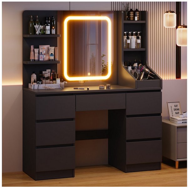 HOMALL Schminktisch Eingebaute LED-Beleuchtung, einstellbare Helligkeit, mit 7 Schubladen (Maße: 110 × 40 × 139 cm, mit verstellbarer LED-Spiegelbeleuchtung, dr