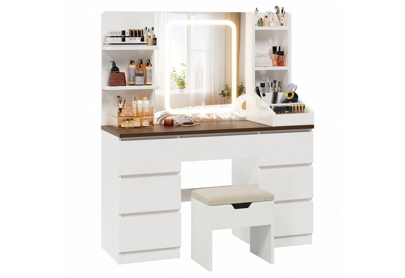 HOMALL Schminktisch Eingebaute LED-Beleuchtung, einstellbare Helligkeit, mit 7 Schubladen (Maße: 110 × 40 × 139 cm, mit verstellbarer LED-Spiegelbeleuchtung, dr – Bild 2 von 5