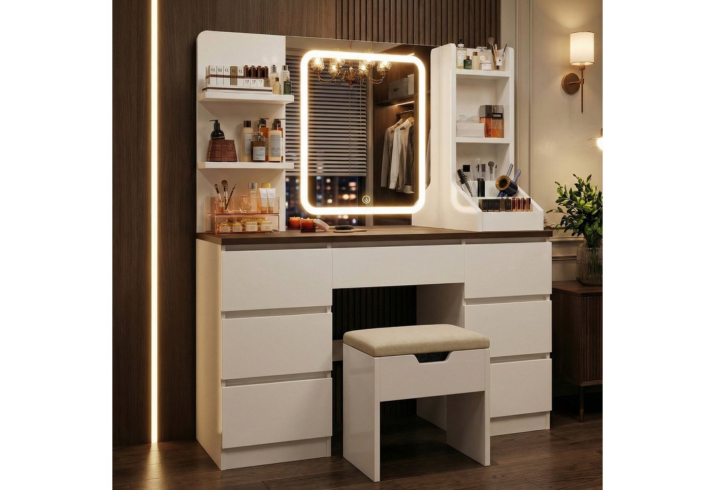HOMALL Schminktisch Eingebaute LED-Beleuchtung, einstellbare Helligkeit, mit 7 Schubladen (Maße: 110 × 40 × 139 cm, mit verstellbarer LED-Spiegelbeleuchtung, dr – Bild 3 von 5