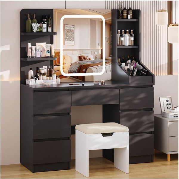 HOMALL Schminktisch Eingebaute LED-Beleuchtung, einstellbare Helligkeit, mit 7 Schubladen (Maße: 110 × 40 × 139 cm, mit verstellbarer LED-Spiegelbeleuchtung, dr