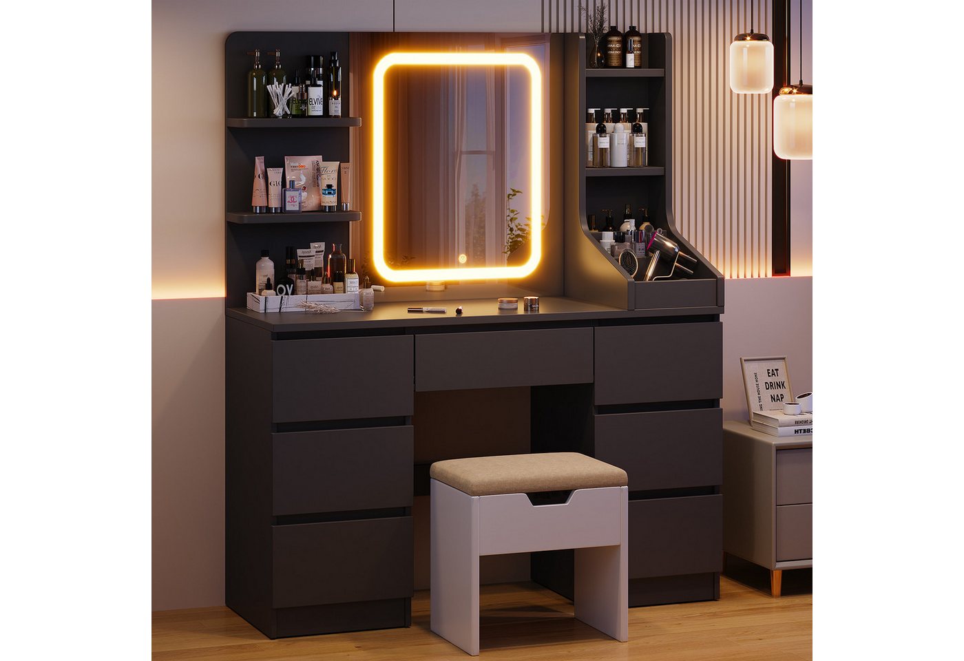 HOMALL Schminktisch Eingebaute LED-Beleuchtung, einstellbare Helligkeit, mit 7 Schubladen (Maße: 110 × 40 × 139 cm, mit verstellbarer LED-Spiegelbeleuchtung, dr – Bild 2 von 5