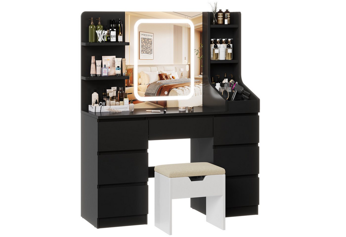 HOMALL Schminktisch Eingebaute LED-Beleuchtung, einstellbare Helligkeit, mit 7 Schubladen (Maße: 110 × 40 × 139 cm, mit verstellbarer LED-Spiegelbeleuchtung, dr – Bild 3 von 5
