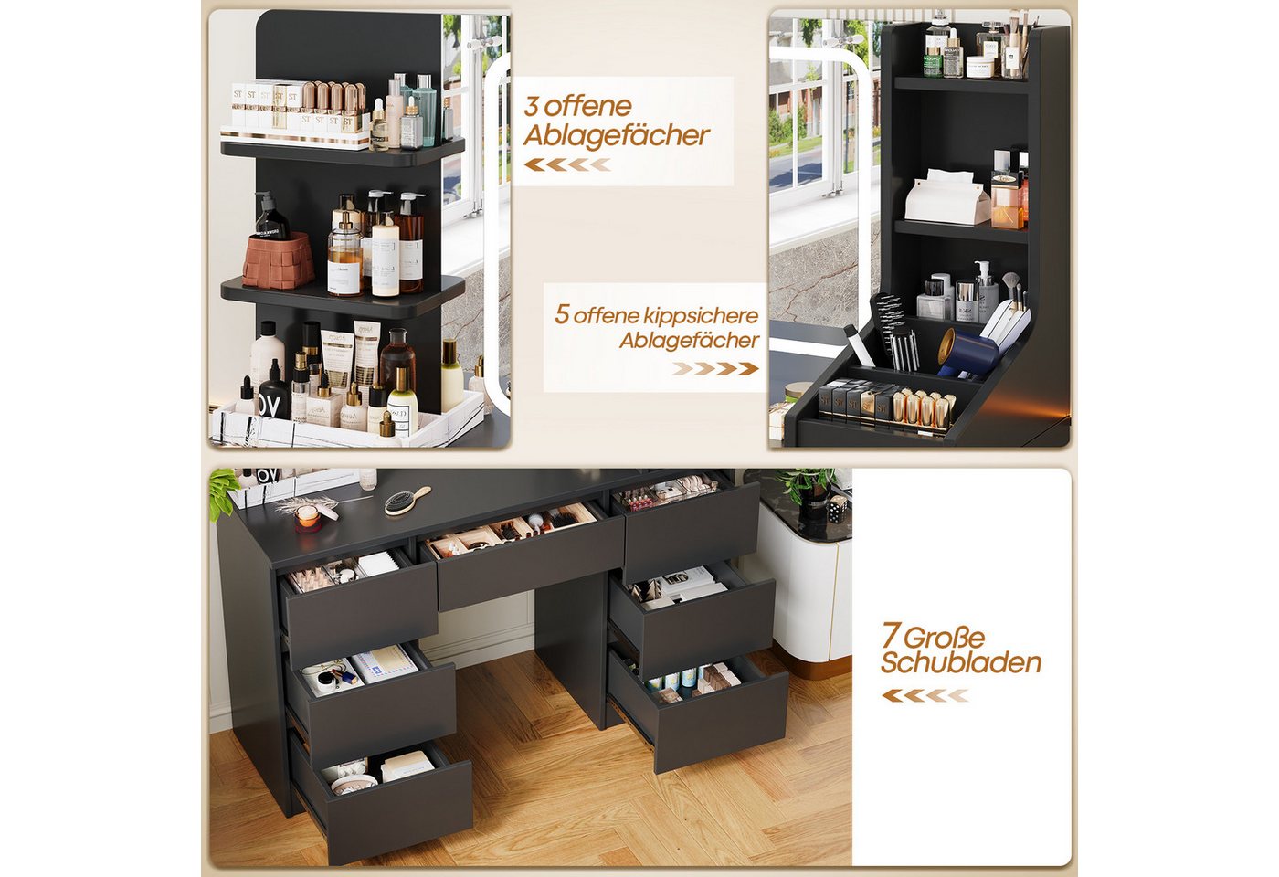 HOMALL Schminktisch Eingebaute LED-Beleuchtung, einstellbare Helligkeit, mit 7 Schubladen (Maße: 110 × 40 × 139 cm, mit verstellbarer LED-Spiegelbeleuchtung, dr – Bild 5 von 5
