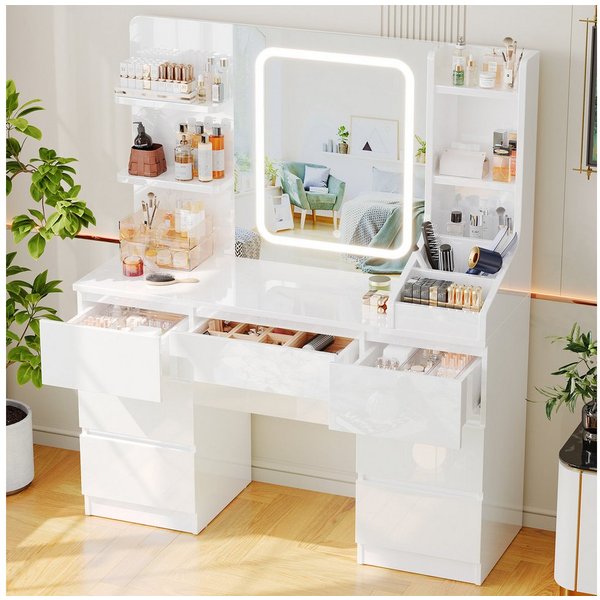 HOMALL Schminktisch Eingebaute LED-Beleuchtung, einstellbare Helligkeit, mit 7 Schubladen (Maße: 110 × 40 × 139 cm, mit verstellbarer LED-Spiegelbeleuchtung, dr