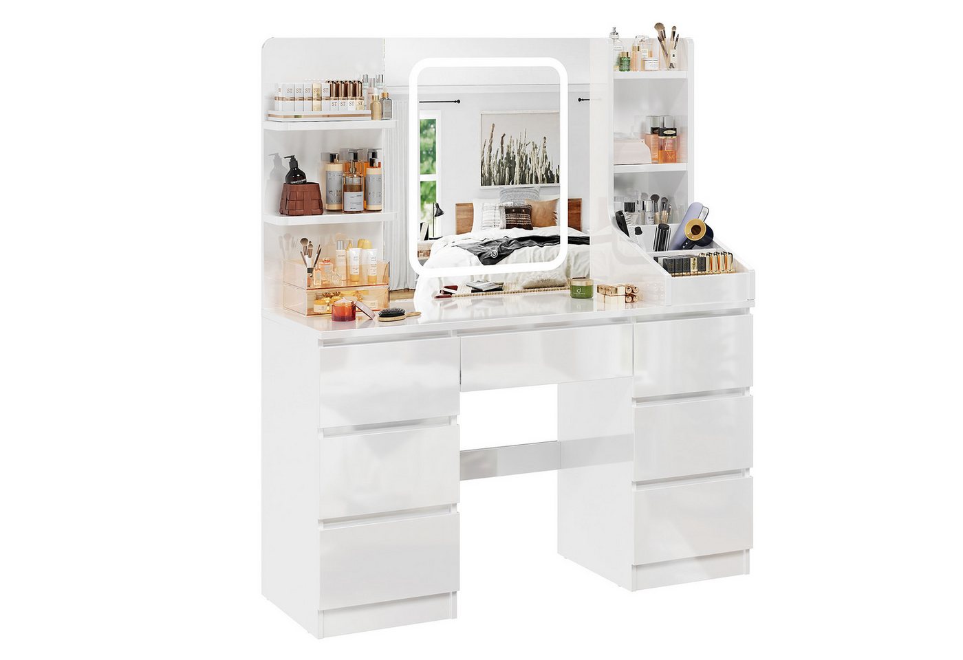 HOMALL Schminktisch Eingebaute LED-Beleuchtung, einstellbare Helligkeit, mit 7 Schubladen (Maße: 110 × 40 × 139 cm, mit verstellbarer LED-Spiegelbeleuchtung, dr – Bild 2 von 5