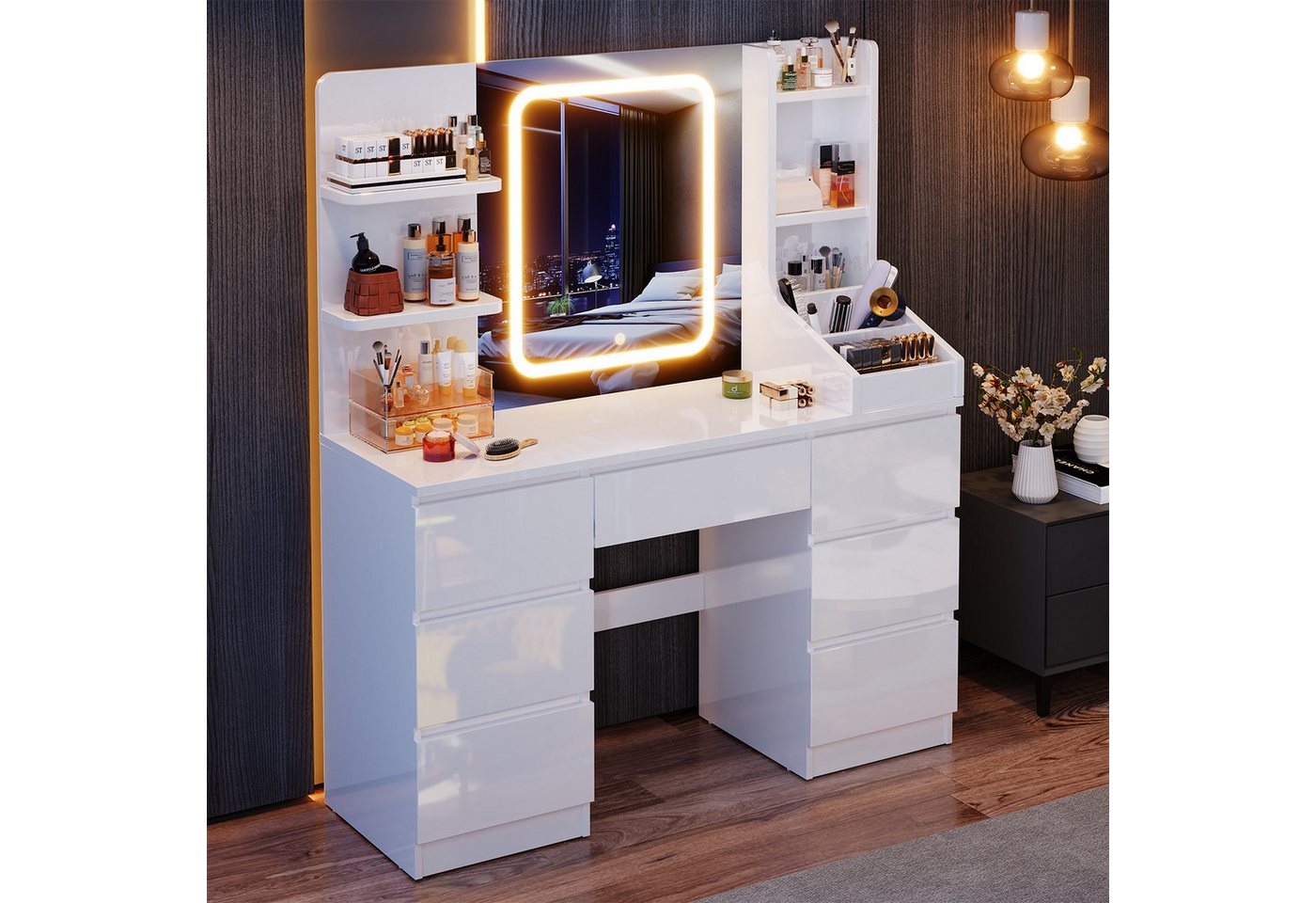 HOMALL Schminktisch Eingebaute LED-Beleuchtung, einstellbare Helligkeit, mit 7 Schubladen (Maße: 110 × 40 × 139 cm, mit verstellbarer LED-Spiegelbeleuchtung, dr – Bild 3 von 5