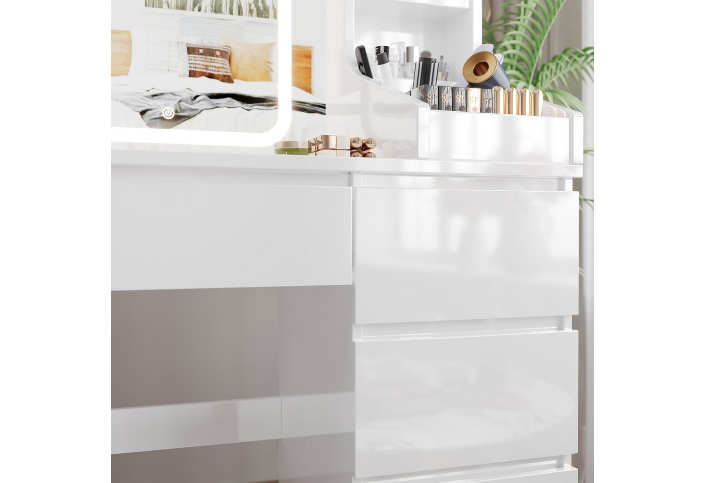 HOMALL Schminktisch Eingebaute LED-Beleuchtung, einstellbare Helligkeit, mit 7 Schubladen (Maße: 110 × 40 × 139 cm, mit verstellbarer LED-Spiegelbeleuchtung, dr – Bild 4 von 5