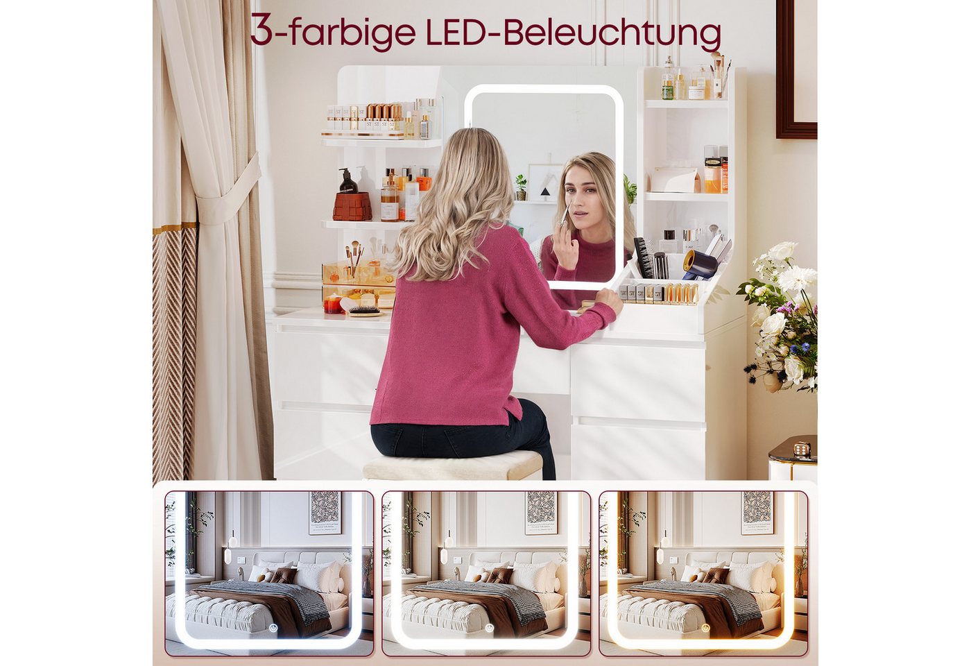 HOMALL Schminktisch Eingebaute LED-Beleuchtung, einstellbare Helligkeit, mit 7 Schubladen (Maße: 110 × 40 × 139 cm, mit verstellbarer LED-Spiegelbeleuchtung, dr – Bild 5 von 5