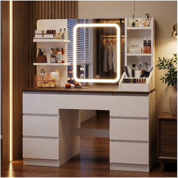 HOMALL Schminktisch Eingebaute LED-Beleuchtung, einstellbare Helligkeit, mit 7 Schubladen (Maße: 110 × 40 × 139 cm, mit verstellbarer LED-Spiegelbeleuchtung, dr