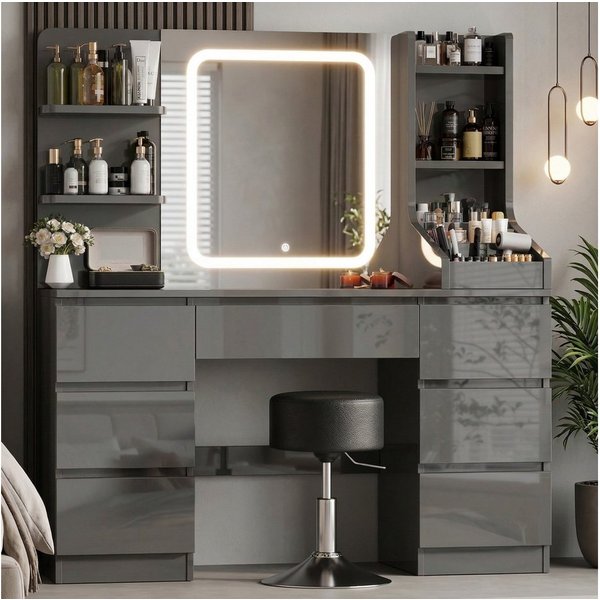 HOMALL Schminktisch Eingebaute LED-Beleuchtung, einstellbare Helligkeit, mit 7 Schubladen (Maße: 110 × 40 × 139 cm, mit verstellbarer LED-Spiegelbeleuchtung, dr