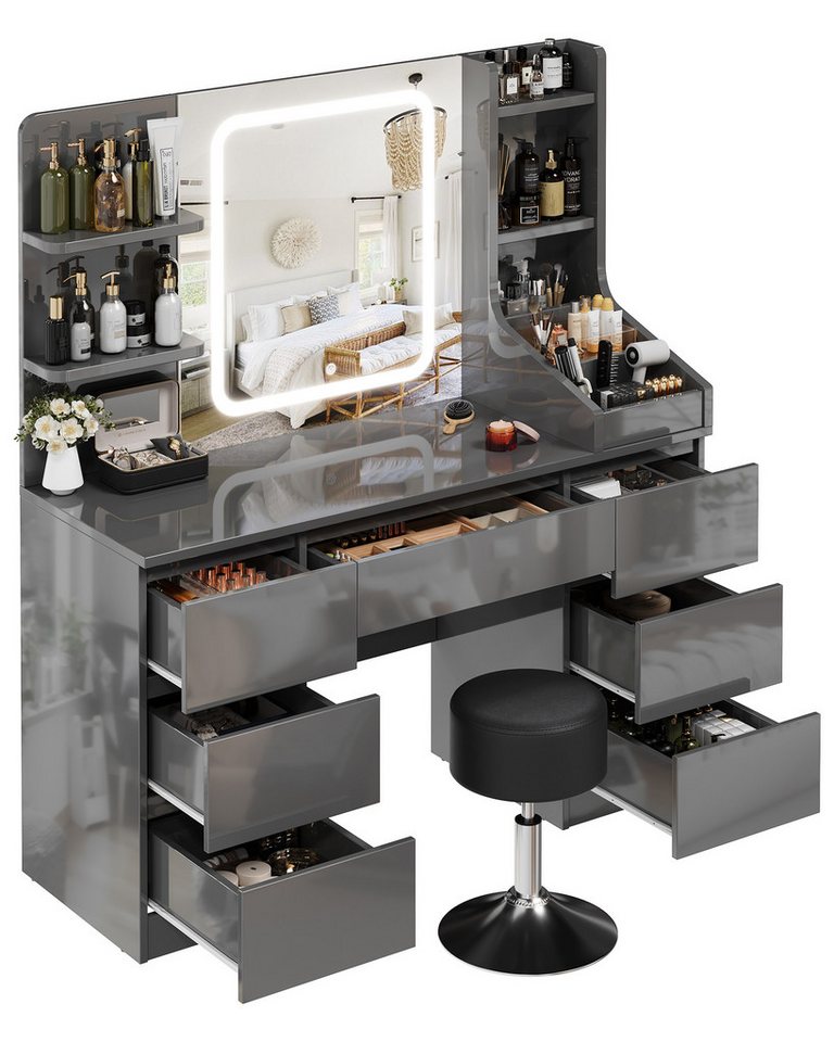 HOMALL Schminktisch Eingebaute LED-Beleuchtung, einstellbare Helligkeit, mit 7 Schubladen (Maße: 110 × 40 × 139 cm, mit verstellbarer LED-Spiegelbeleuchtung, dr – Bild 2 von 5