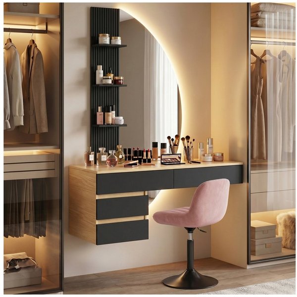 HOMALL Schminktisch Hängender Schminktisch mit drei einstellbaren Farbtemperaturen (LED-Silikon-Lichtleiste in drei Farben, Maße: 106 × 40 × 143 cm, mit 3 offen
