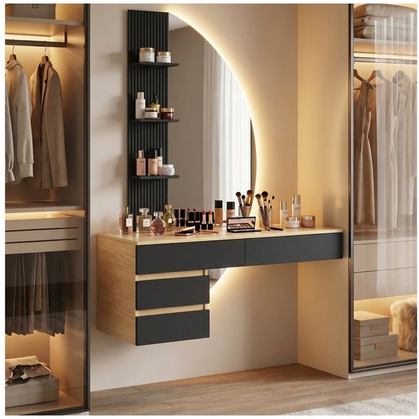 HOMALL Schminktisch Hängender Schminktisch mit drei einstellbaren Farbtemperaturen (LED-Silikon-Lichtleiste in drei Farben, Maße: 106 × 40 × 143 cm, mit 3 offen