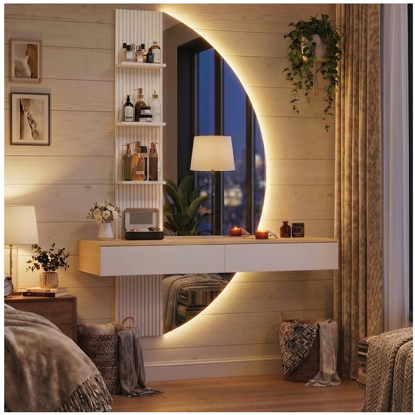 HOMALL Schminktisch Hängender Schminktisch mit LED-Beleuchtung (Maße: 106 × 40 × 143 cm, mit 3 offenen Ablagefächern, 2 Schubladen und drei einstellbaren Farbte