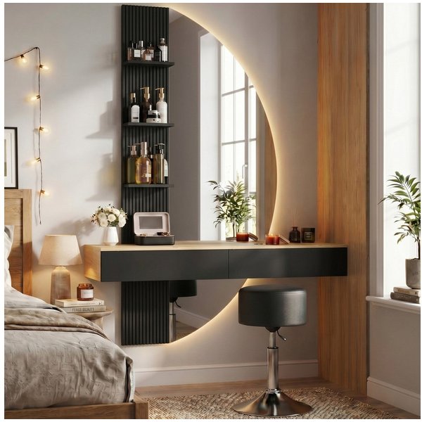 HOMALL Schminktisch Hängender Schminktisch mit LED-Beleuchtung (Maße: 106 × 40 × 143 cm, mit 3 offenen Ablagefächern, 2 Schubladen und drei einstellbaren Farbte