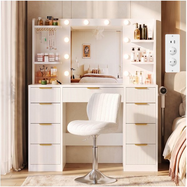 HOMALL Schminktisch LED-Beleuchtung, optional als Set mit Hocker erhältlich (Maße: 108 × 40 × 137 cm, 6 offene Ablagefächer, mit Schmuckhaken, 9 Schubladen, aus
