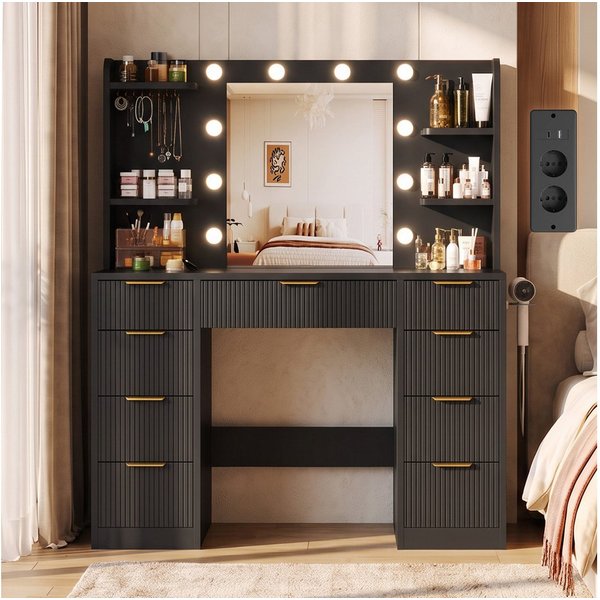 HOMALL Schminktisch LED-Beleuchtung, optional als Set mit Hocker erhältlich (Maße: 108 × 40 × 137 cm, 6 offene Ablagefächer, mit Schmuckhaken, 9 Schubladen, aus