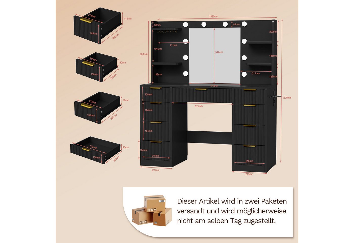 HOMALL Schminktisch LED-Beleuchtung, optional als Set mit Hocker erhältlich (Maße: 108 × 40 × 137 cm, 6 offene Ablagefächer, mit Schmuckhaken, 9 Schubladen, aus – Bild 2 von 5