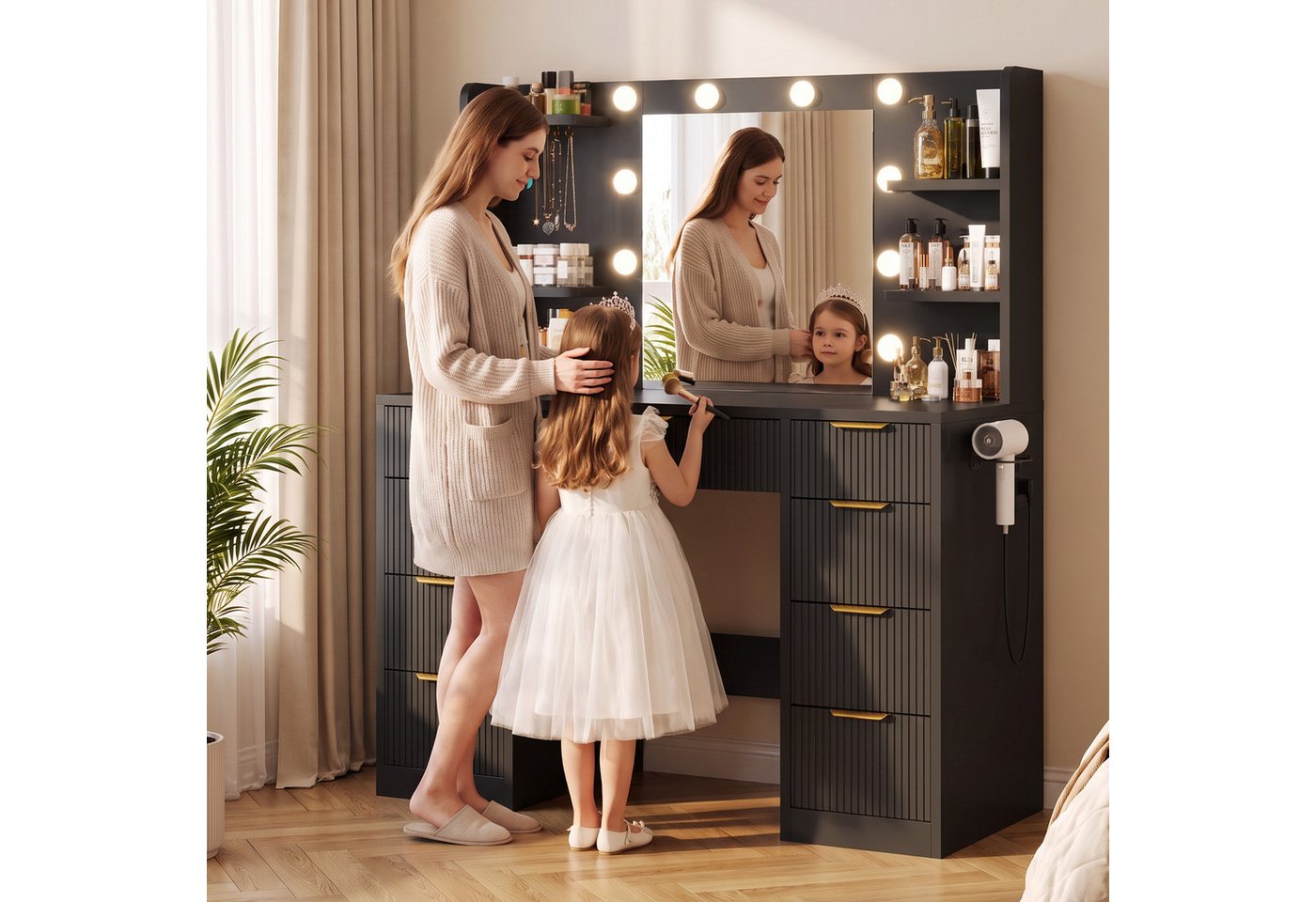 HOMALL Schminktisch LED-Beleuchtung, optional als Set mit Hocker erhältlich (Maße: 108 × 40 × 137 cm, 6 offene Ablagefächer, mit Schmuckhaken, 9 Schubladen, aus – Bild 3 von 5