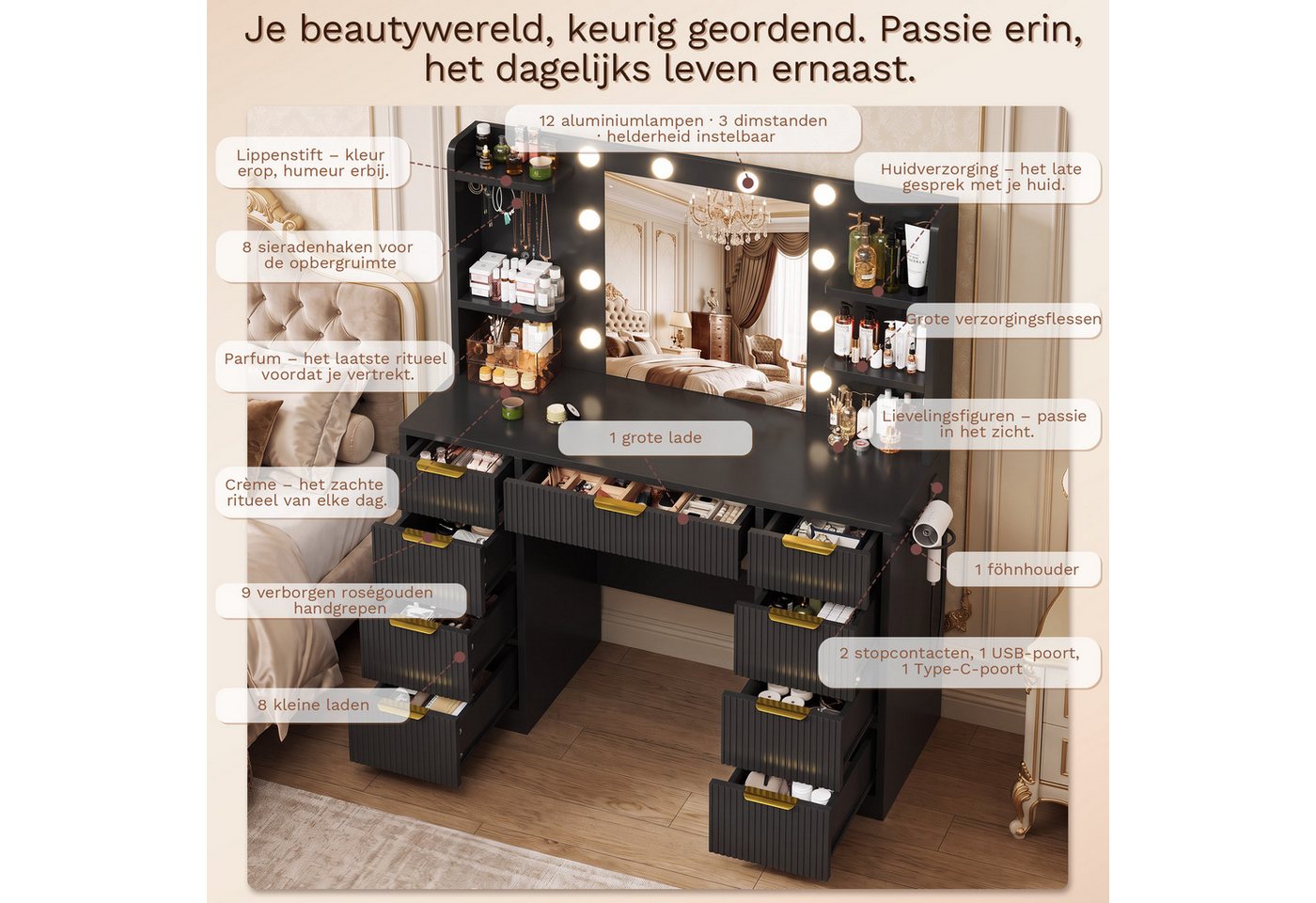 HOMALL Schminktisch LED-Beleuchtung, optional als Set mit Hocker erhältlich (Maße: 108 × 40 × 137 cm, 6 offene Ablagefächer, mit Schmuckhaken, 9 Schubladen, aus – Bild 4 von 5