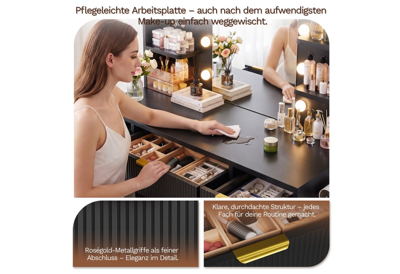 HOMALL Schminktisch LED-Beleuchtung, optional als Set mit Hocker erhältlich (Maße: 108 × 40 × 137 cm, 6 offene Ablagefächer, mit Schmuckhaken, 9 Schubladen, aus – Bild 5 von 5