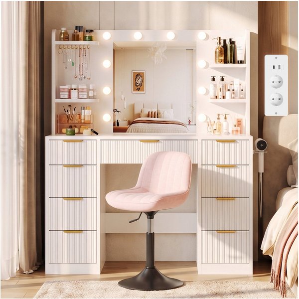 HOMALL Schminktisch LED-Beleuchtung, optional als Set mit Hocker erhältlich (Maße: 108 × 40 × 137 cm, 6 offene Ablagefächer, mit Schmuckhaken, 9 Schubladen, aus