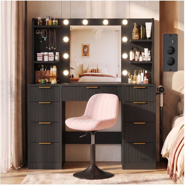 HOMALL Schminktisch LED-Beleuchtung, optional als Set mit Hocker erhältlich (Maße: 108 × 40 × 137 cm, 6 offene Ablagefächer, mit Schmuckhaken, 9 Schubladen, aus