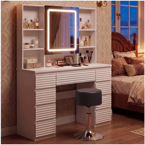 HOMALL Schminktisch LED-Schminkspiegel, schwarz-weißer Schminktisch und Hocker im Set (Kombination aus 9 Schubladen, 7 offenen Fächern und Stauraum hinter dem S